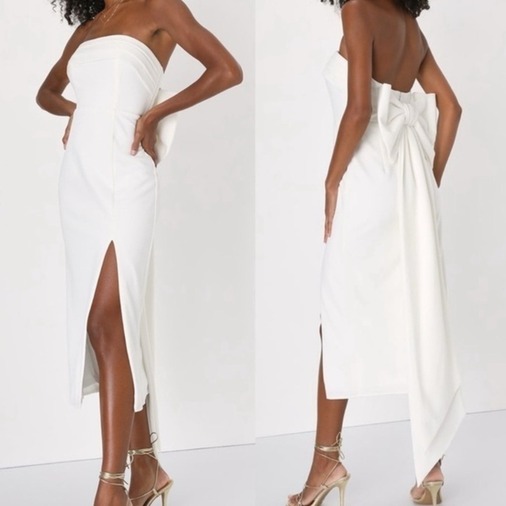 Lulu's White Strapless Midi Dress with Back Bow